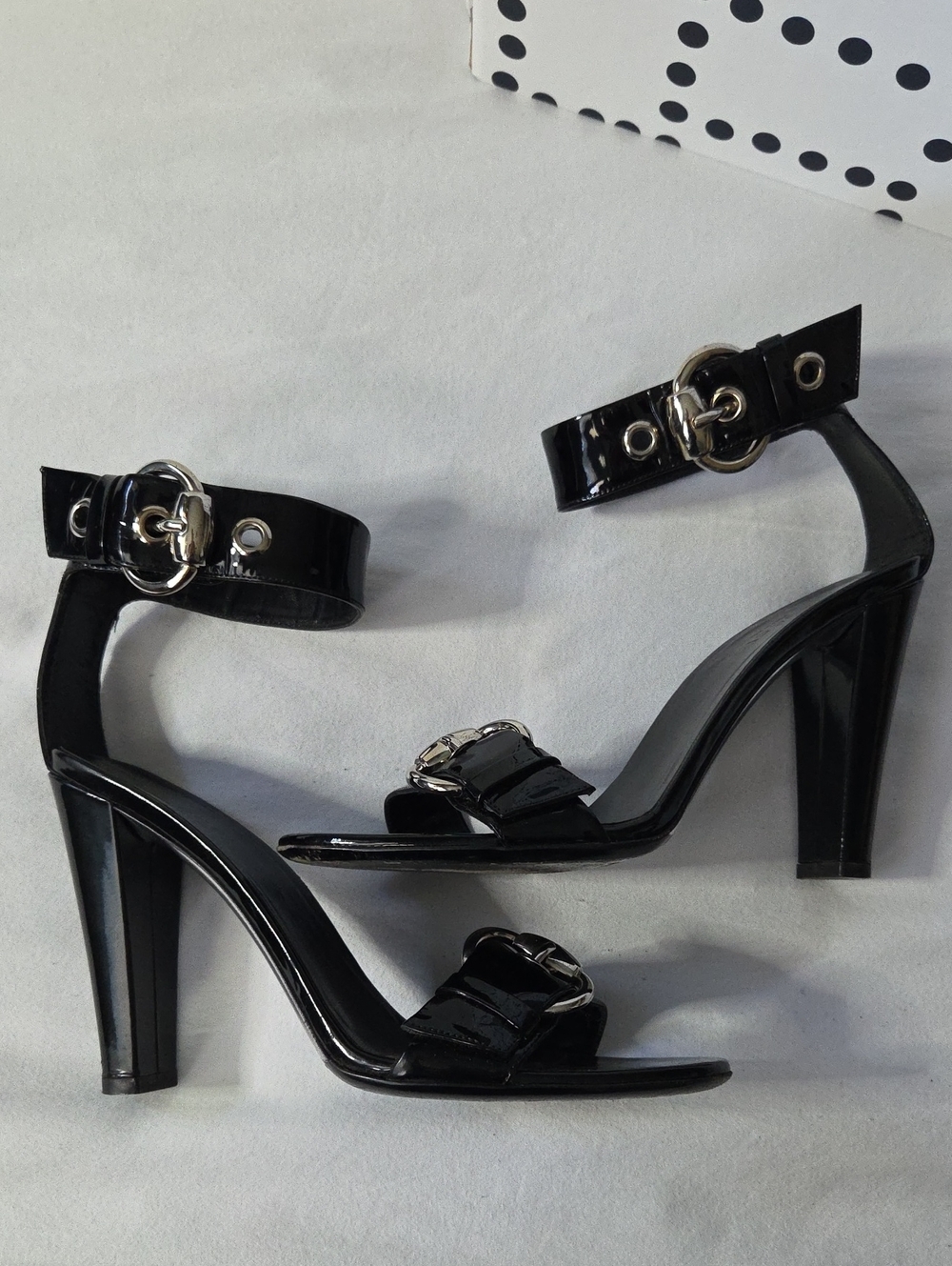 Gucci Black Patent Leather & Silver Ankle Strap Sandal Heels "Victoire"